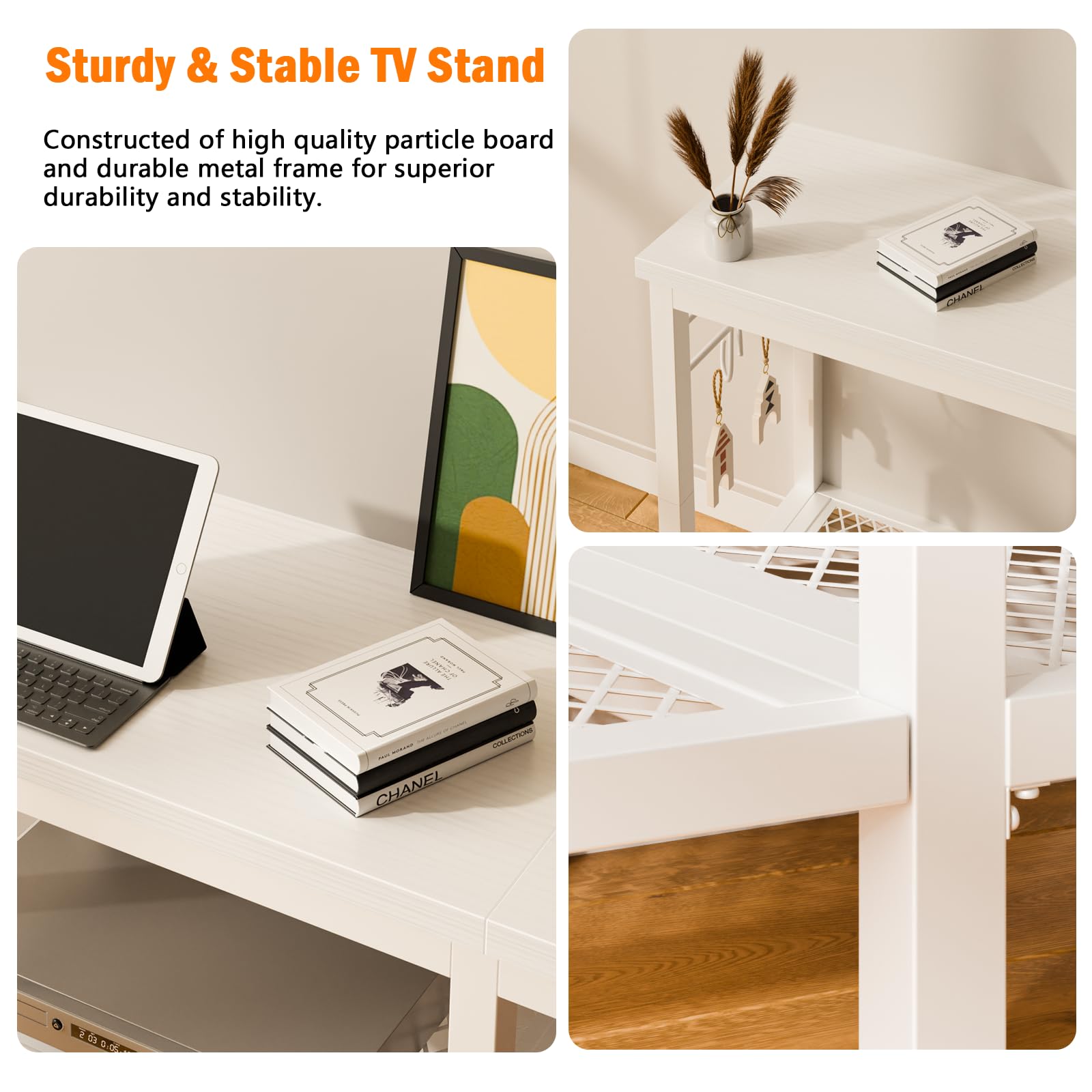 Furologee TV stand featuring an industrial metal frame for sturdy support.