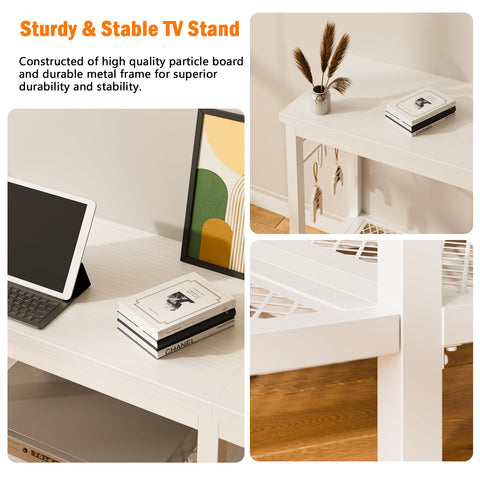 Furologee TV stand featuring an industrial metal frame for sturdy support.