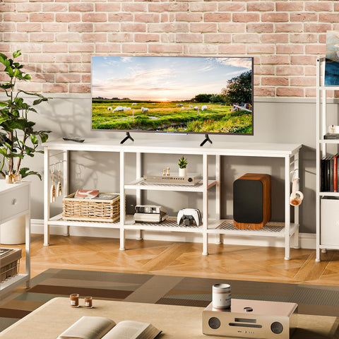 Furologee TV stand in a living room scene with display decor and devices.