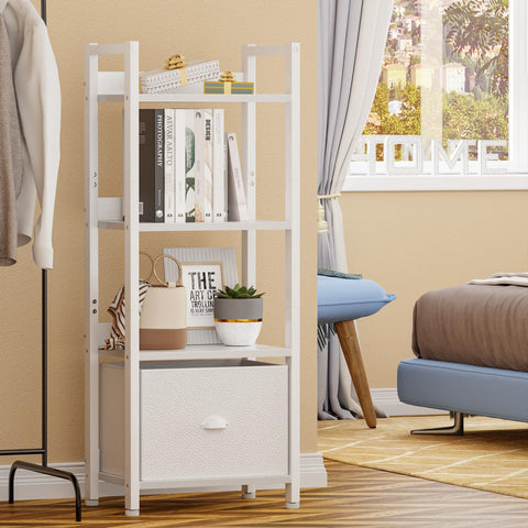 Furologee White 4-Tier Bookshelf works as a display and storage rack in living rooms.