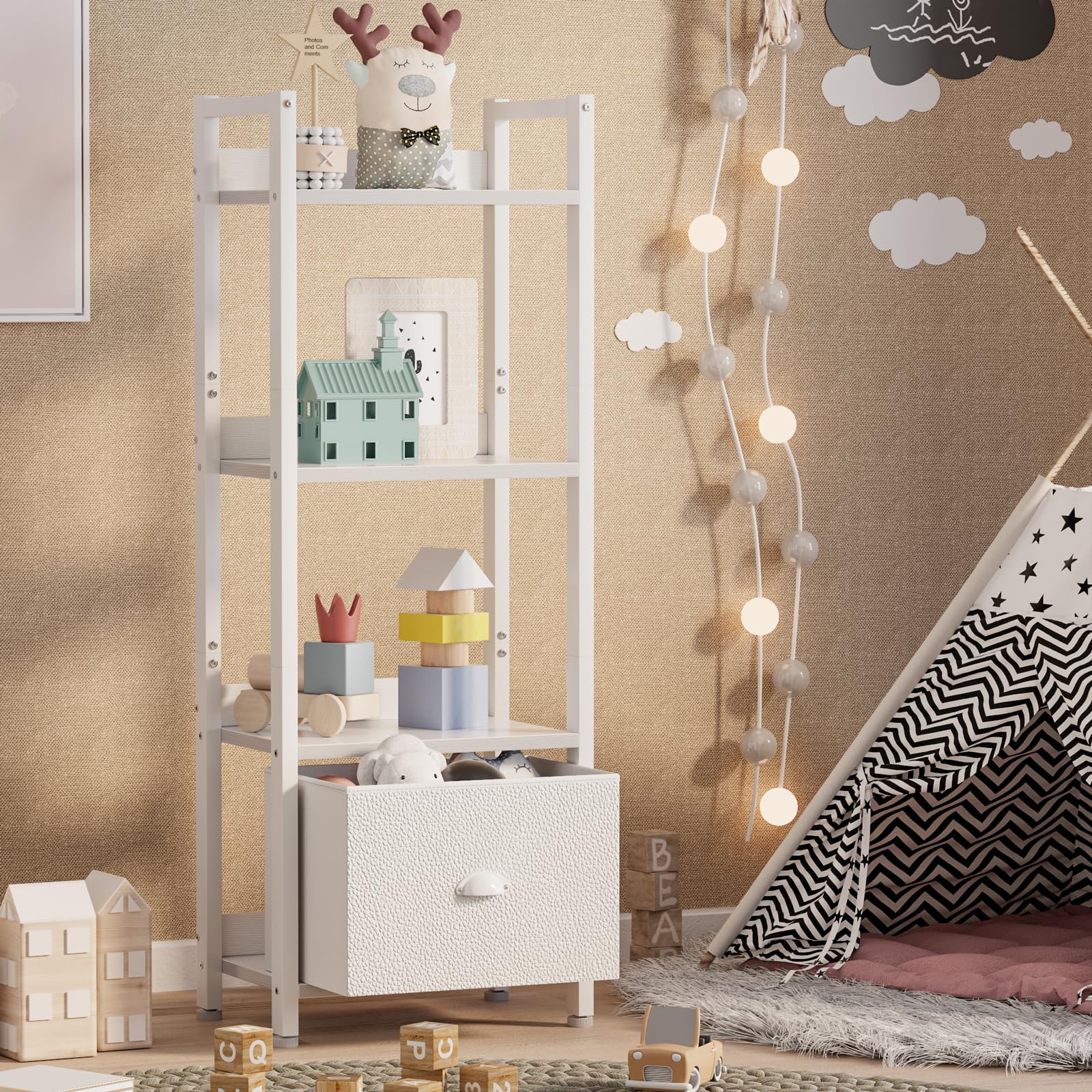 Furologee White 4-Tier Bookshelf slim footprint fits narrow entryways and corners.