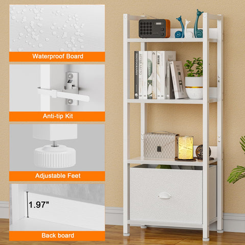Furologee White 4-Tier Bookshelf with Drawer adds soft storage in nursery or kid's room.