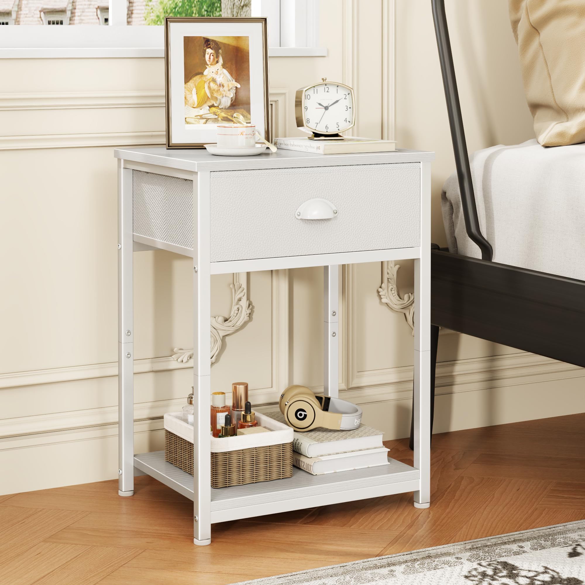 Furologee white nightstands drawer close-up showing easy-pull arch handles