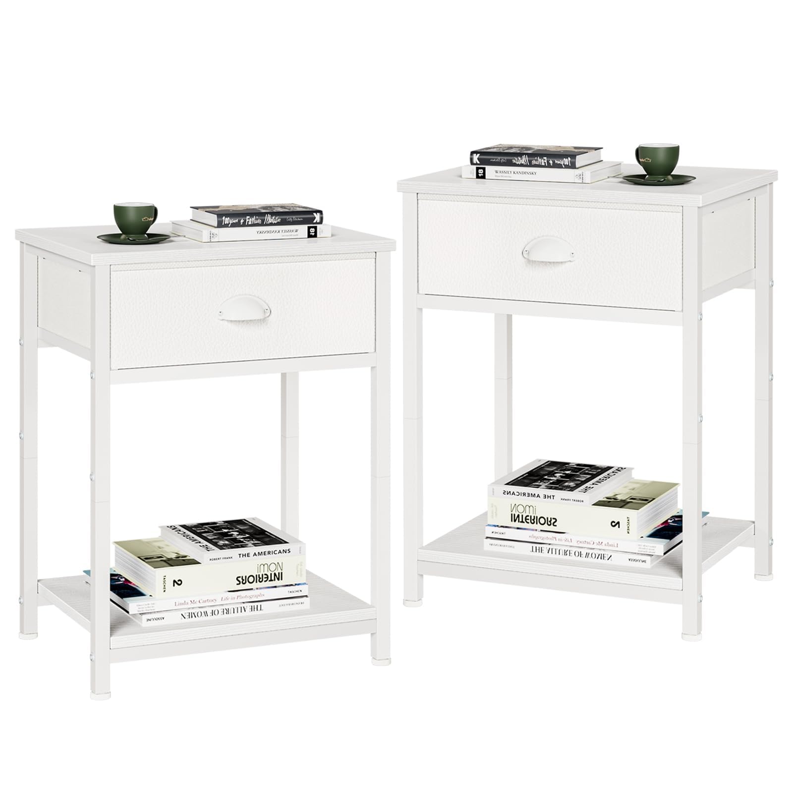 Furologee white nightstands front view with two-tier storage for compact rooms