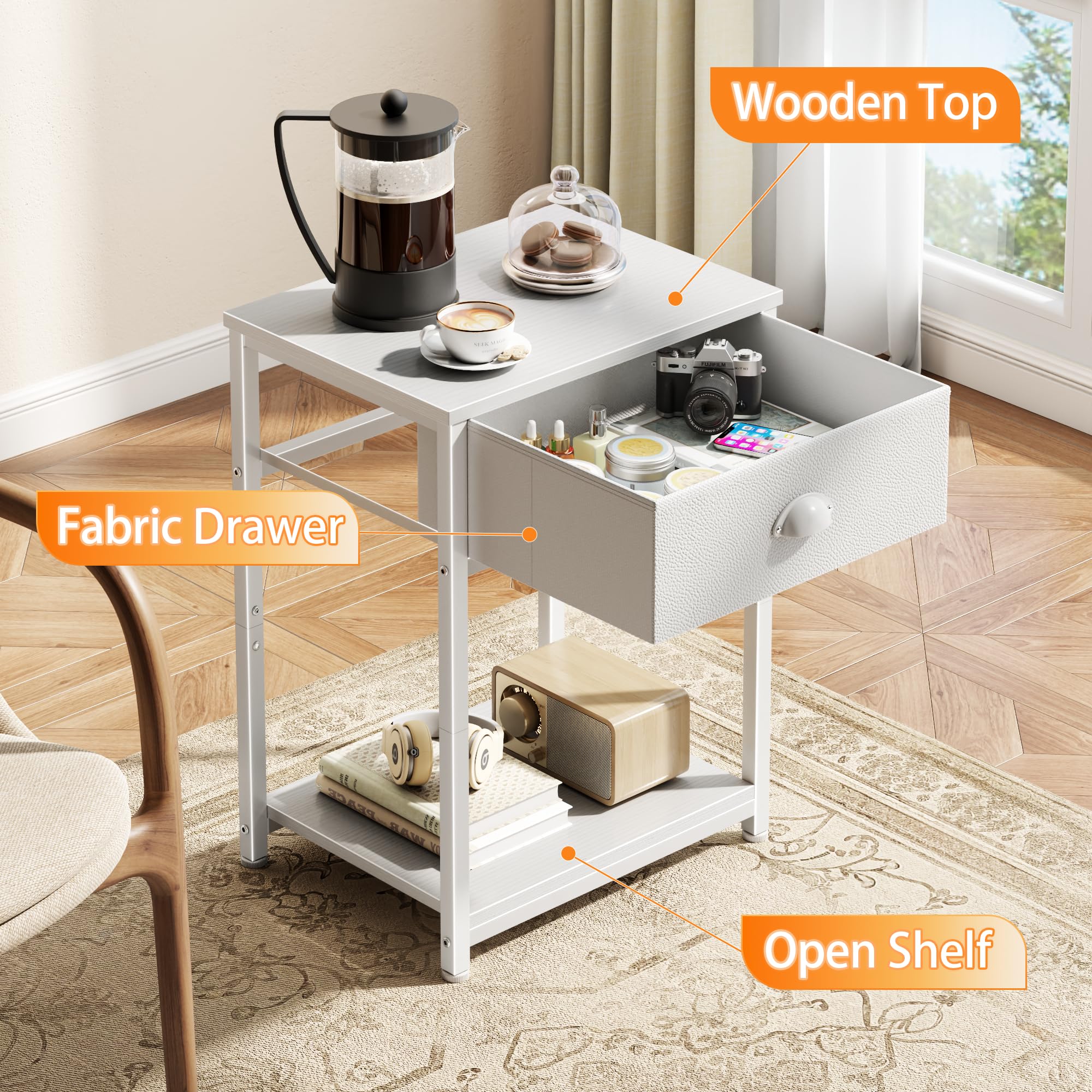 Furologee white nightstands side-angle view highlights compact two-tier design