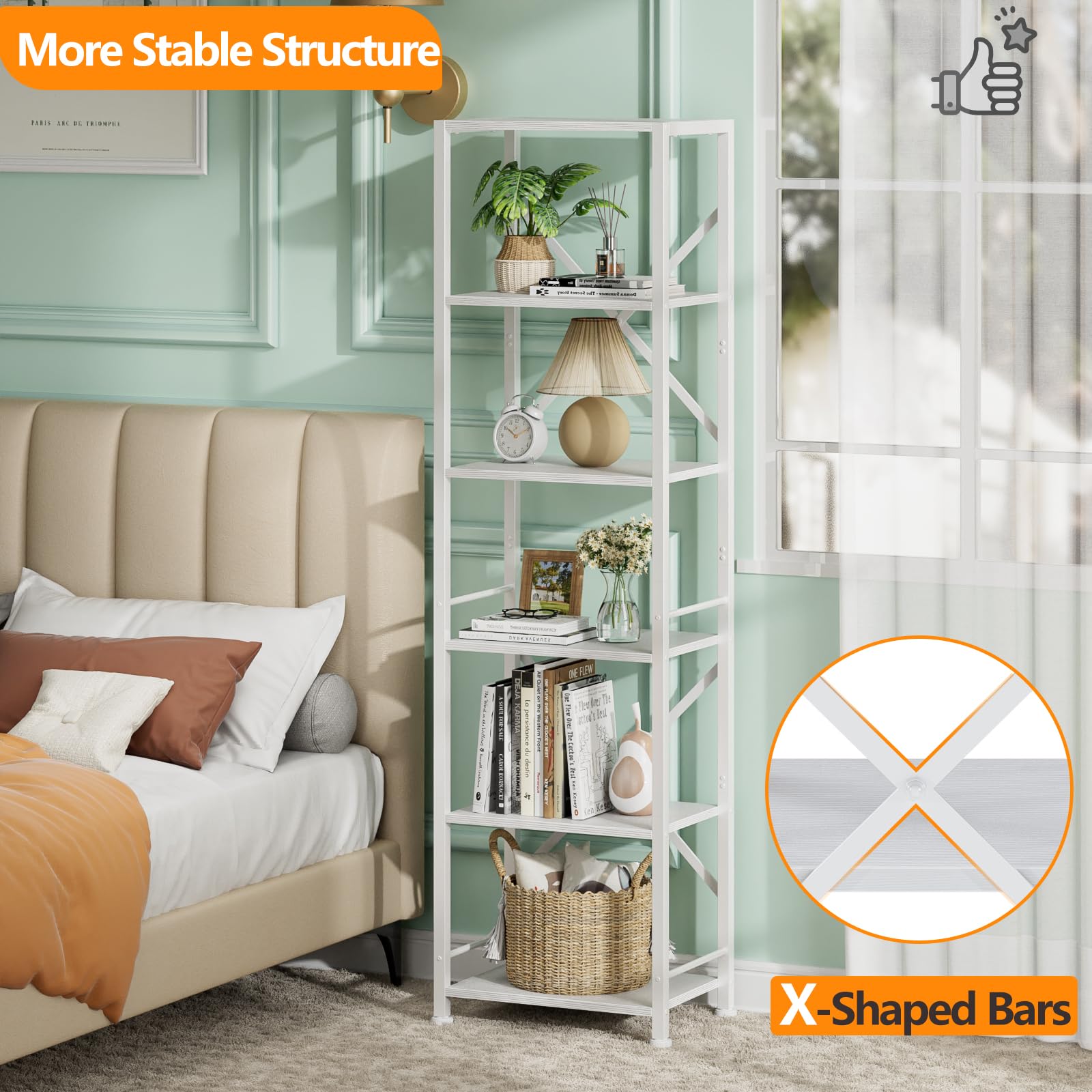 Furologee white tall bookcase with 6 shelves for organized display