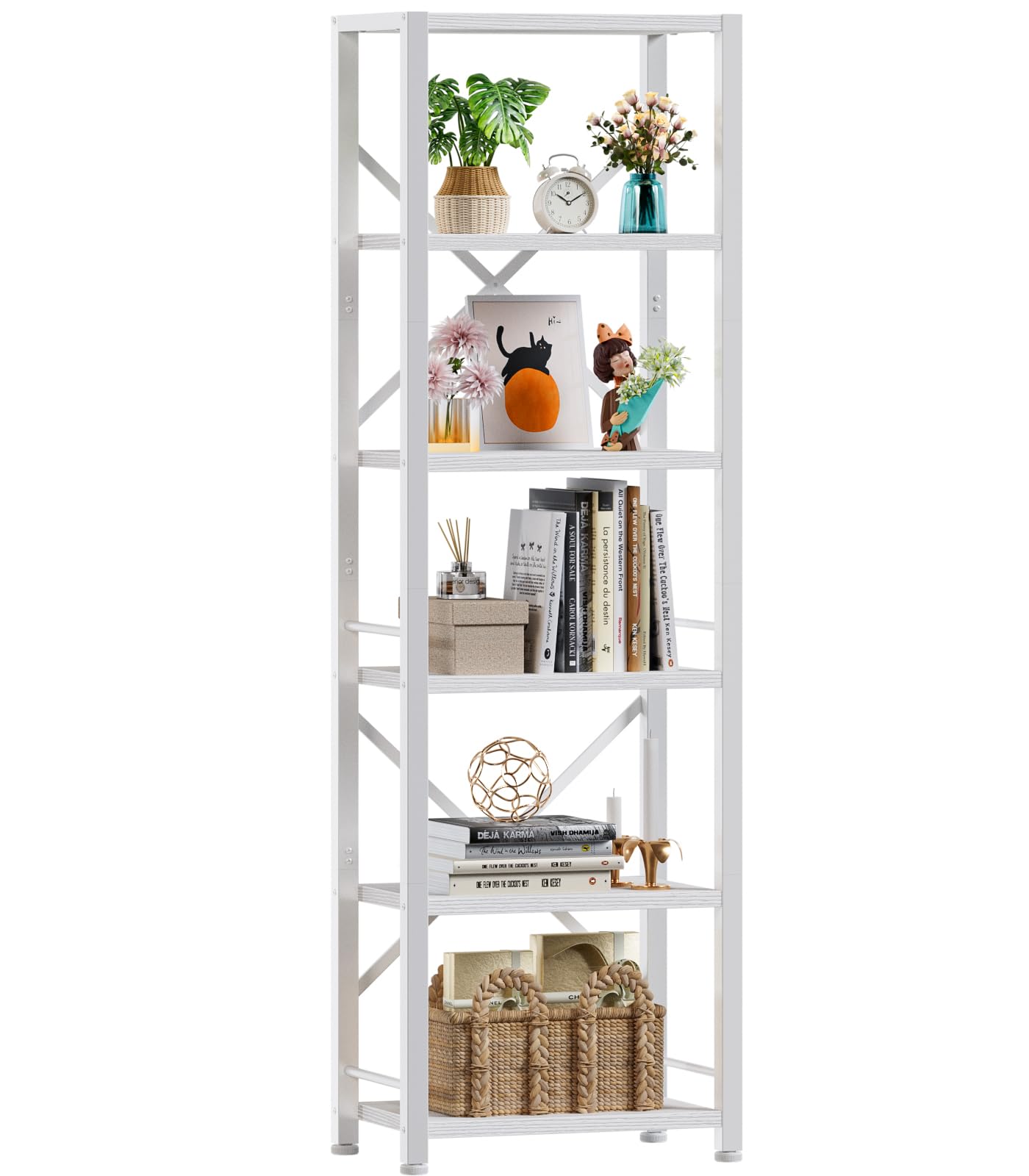 Furologee white tall bookcase front view showing slim space-saving profile for small rooms