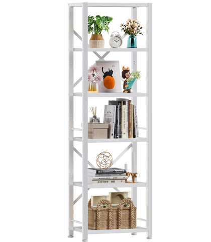 Furologee white tall bookcase front view showing slim space-saving profile for small rooms