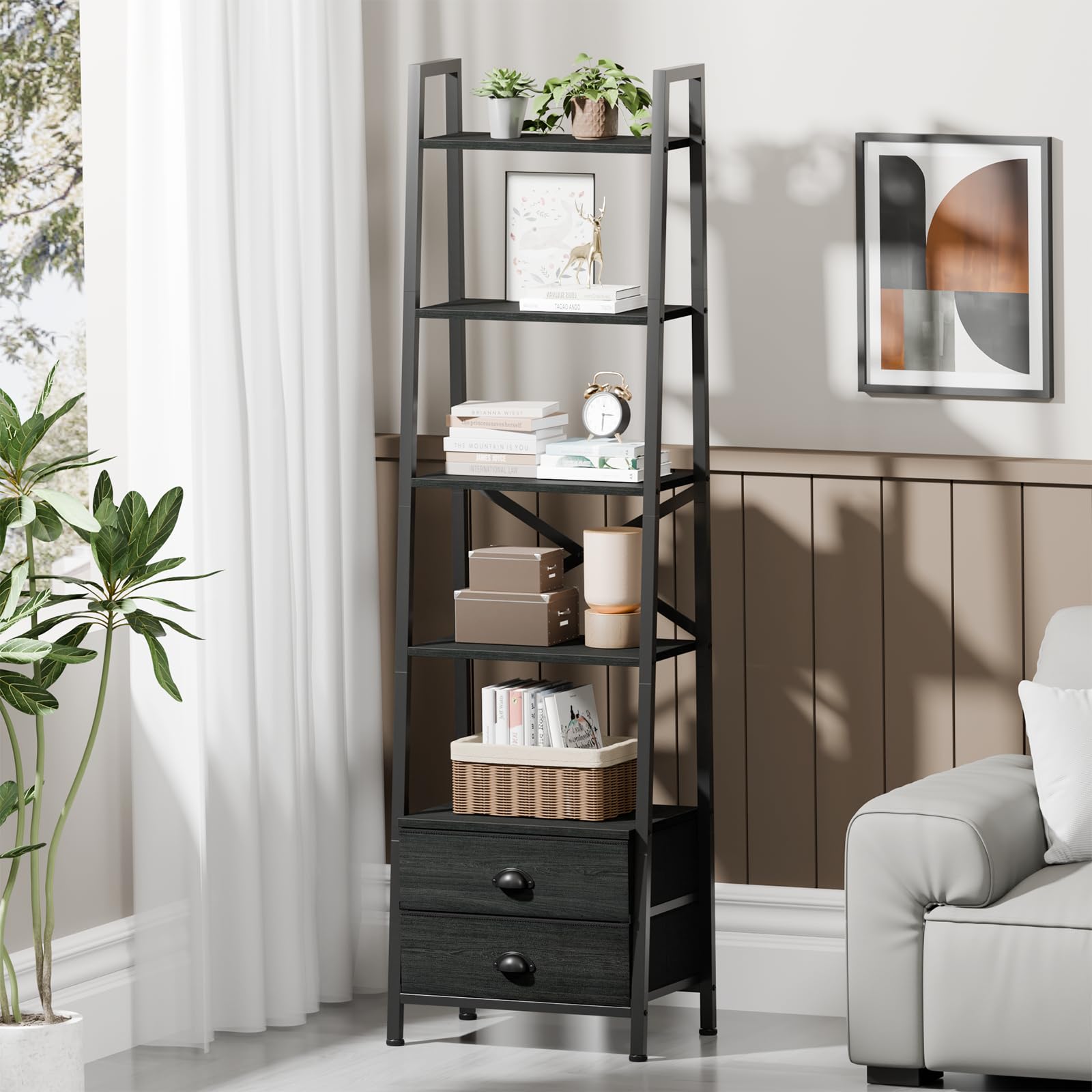 Furologee wooden shelves with black metal frame add warm décor.