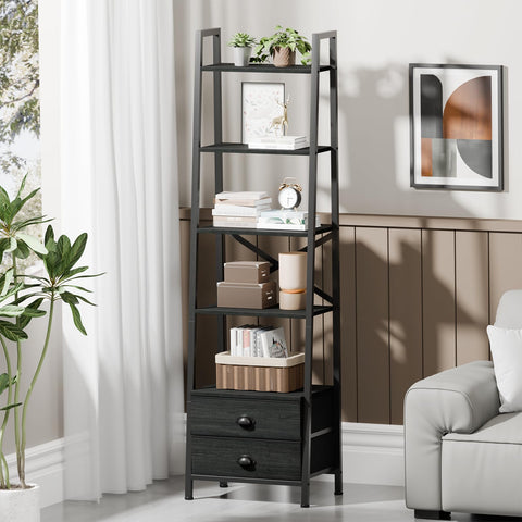 Furologee wooden shelves with black metal frame add warm décor.
