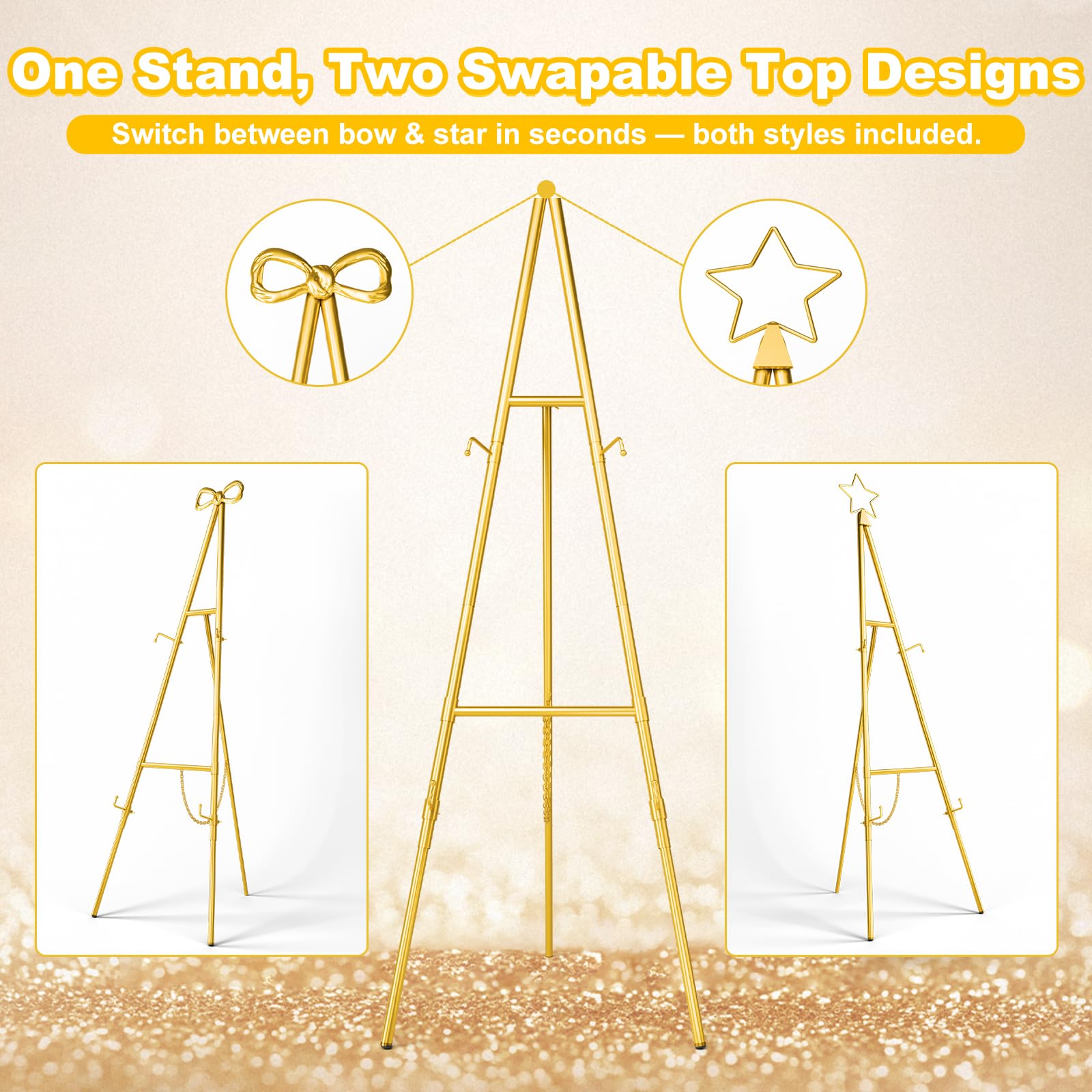 Furosa bow-top gold easel ideal for weddings and formal events.