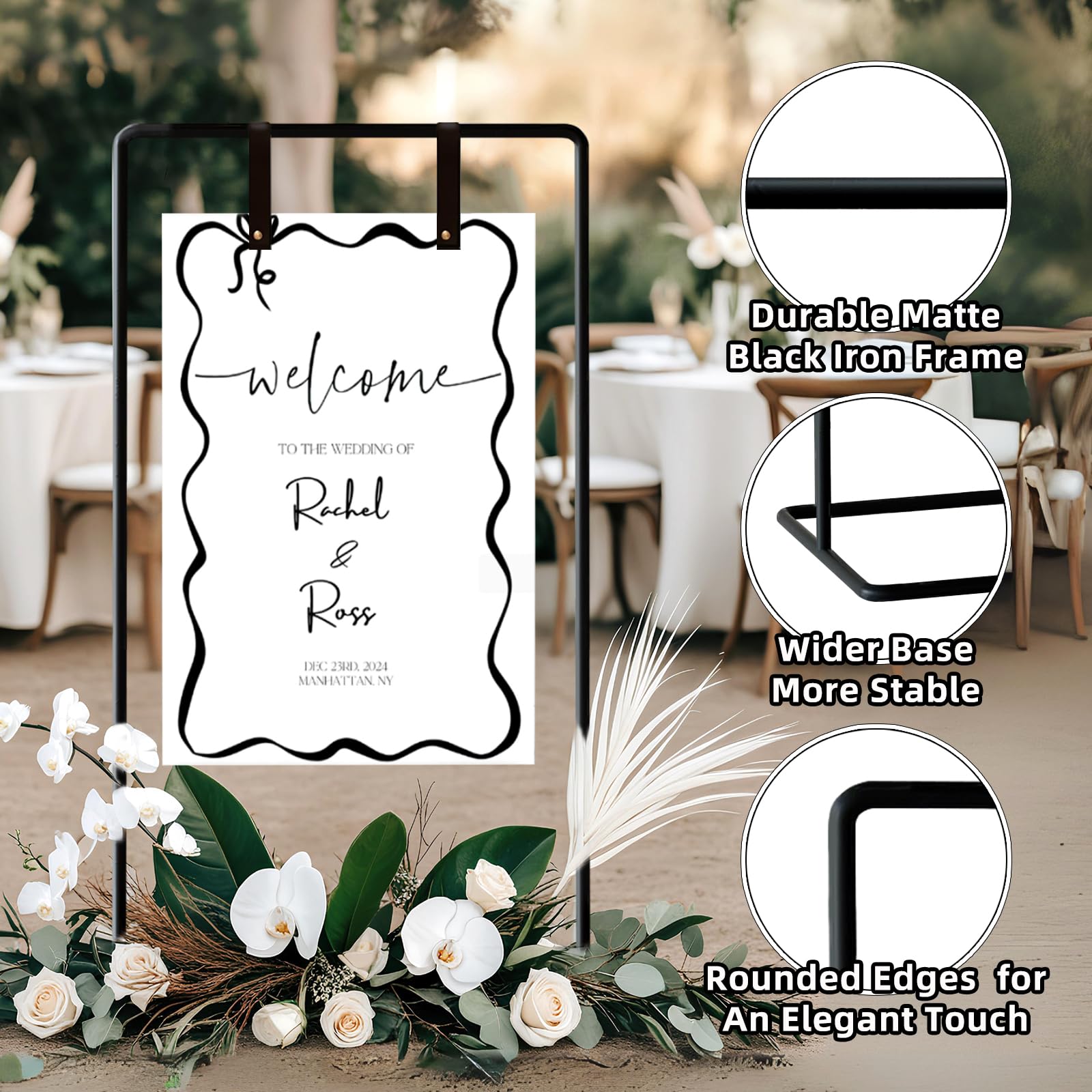 Furosa sign stand in black finish complements wedding decor