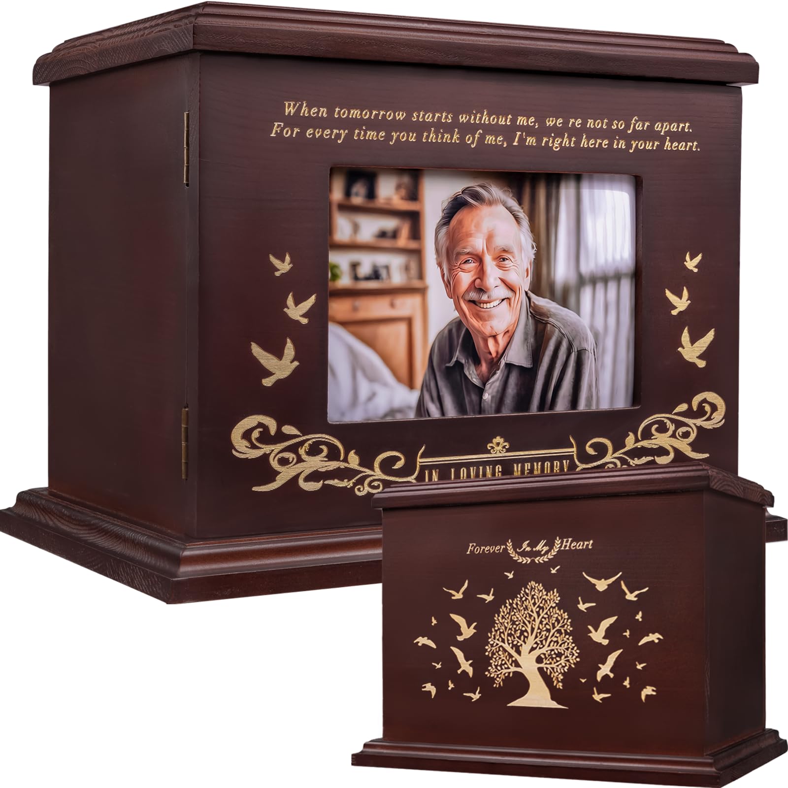 FurrySpace urn with wooden photo frame for a cherished 4x6 memory beside the ashes.