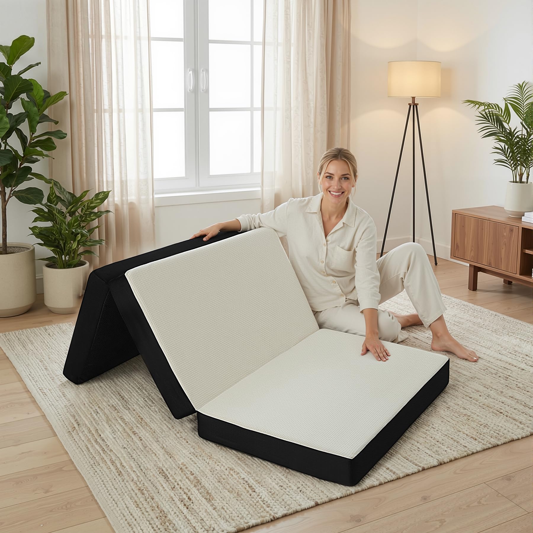FurryWee foldable mattress twin on a dorm bed showing compact form and space efficiency