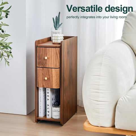 FurSch walnut nightstand close-up of metal knobs and smooth drawer slides.