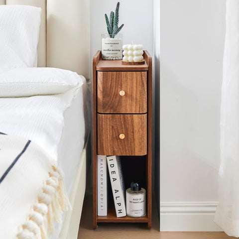 FurSch curved-edge design on narrow nightstand reduces bumps near bed.