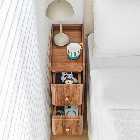 FurSch narrow nightstand open-bottom shelf for books or chargers.