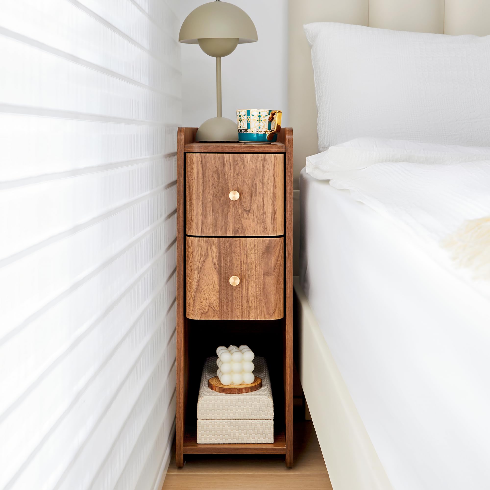 FurSch walnut narrow nightstands top view highlighting slim profile for small rooms.