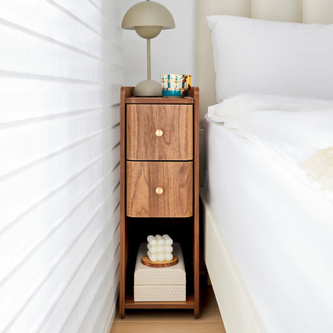 FurSch walnut narrow nightstands top view highlighting slim profile for small rooms.