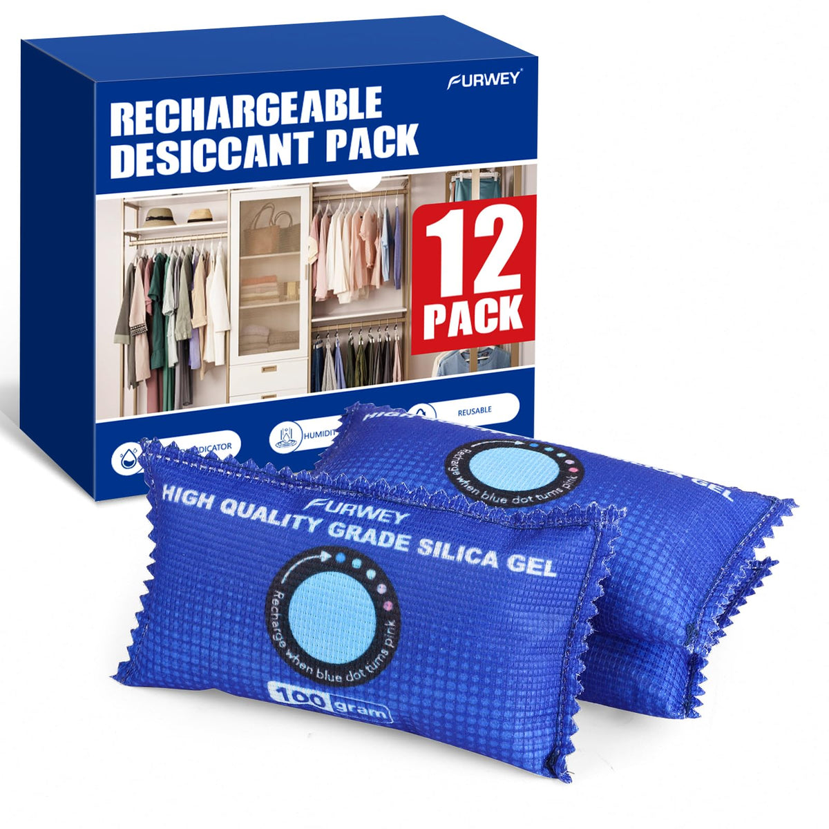 FURWEY 12-pack blue desiccant packs absorb moisture in closets and storage.