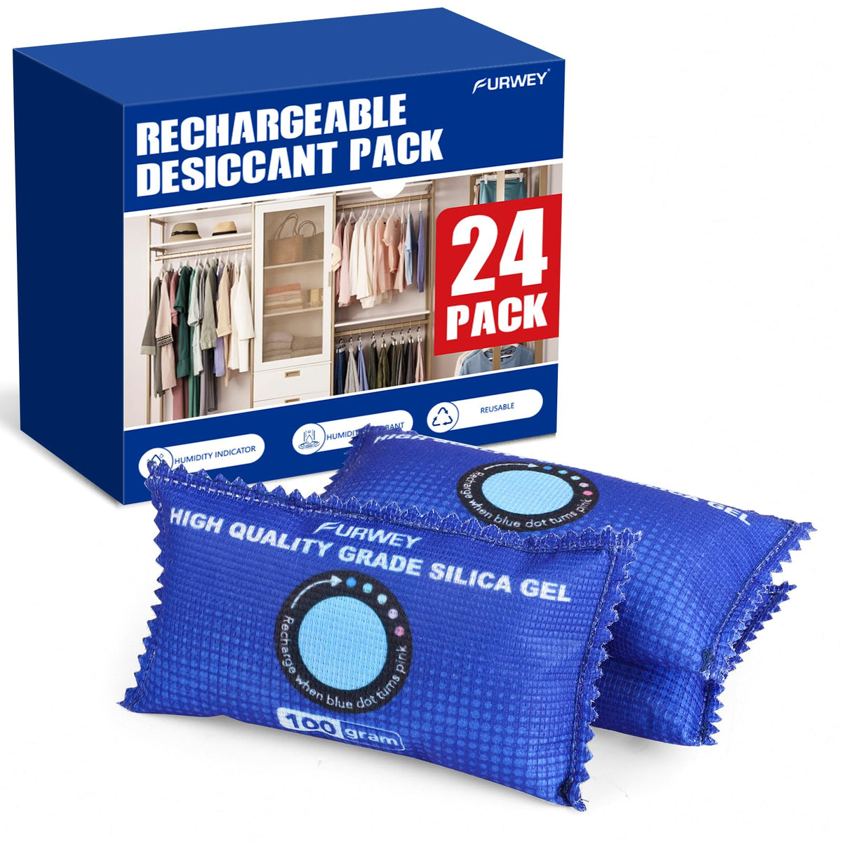 FURWEY rechargeable desiccant pack in compact size for easy storage.