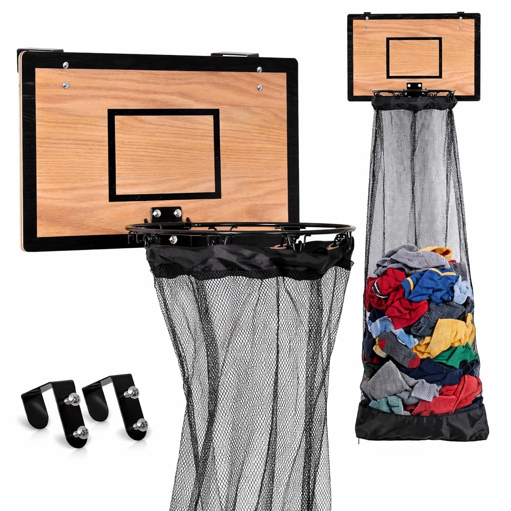 Fury Strike wooden basketball hamper backboard highlights stylish room decor and practical laundry storage.