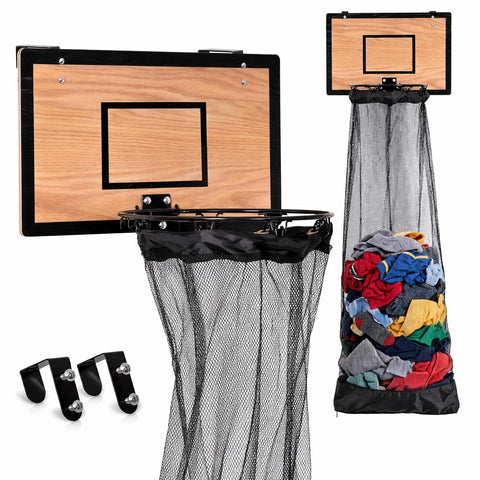 Fury Strike wooden basketball hamper backboard highlights stylish room decor and practical laundry storage.