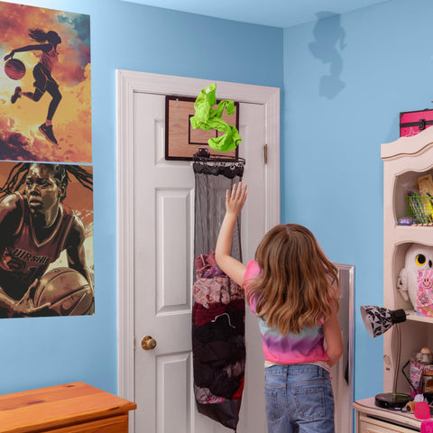 Fury Strike wooden basketball hamper in a bedroom scene blends decor and organization.