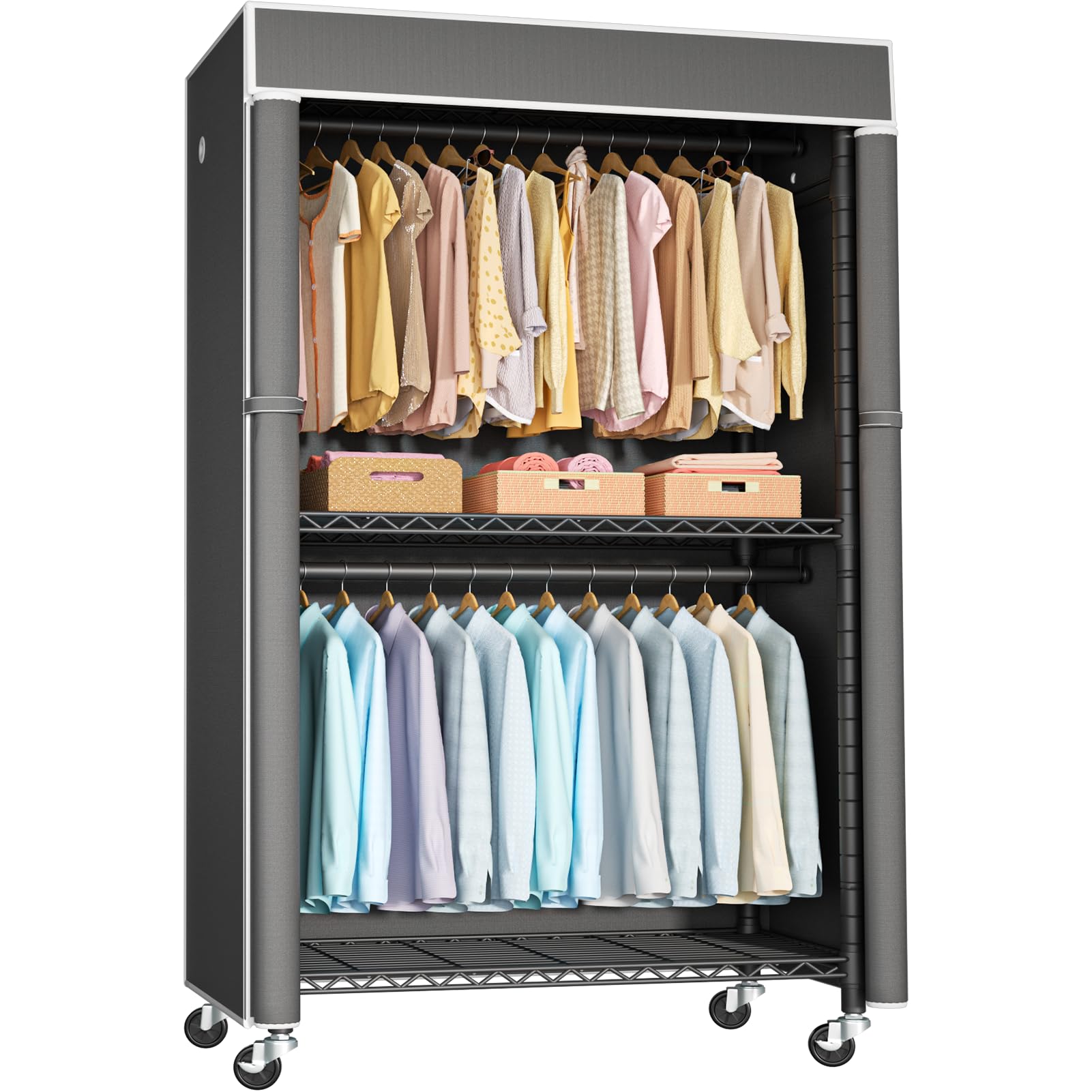 FUTASSI black clothing rack with cover, side view showing dust protection