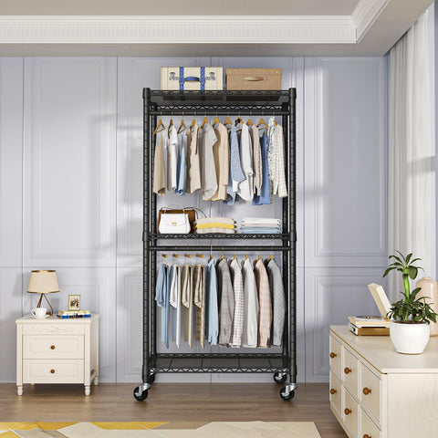 FUTASSI closet front view; sleek portable rack ready for quick organization.