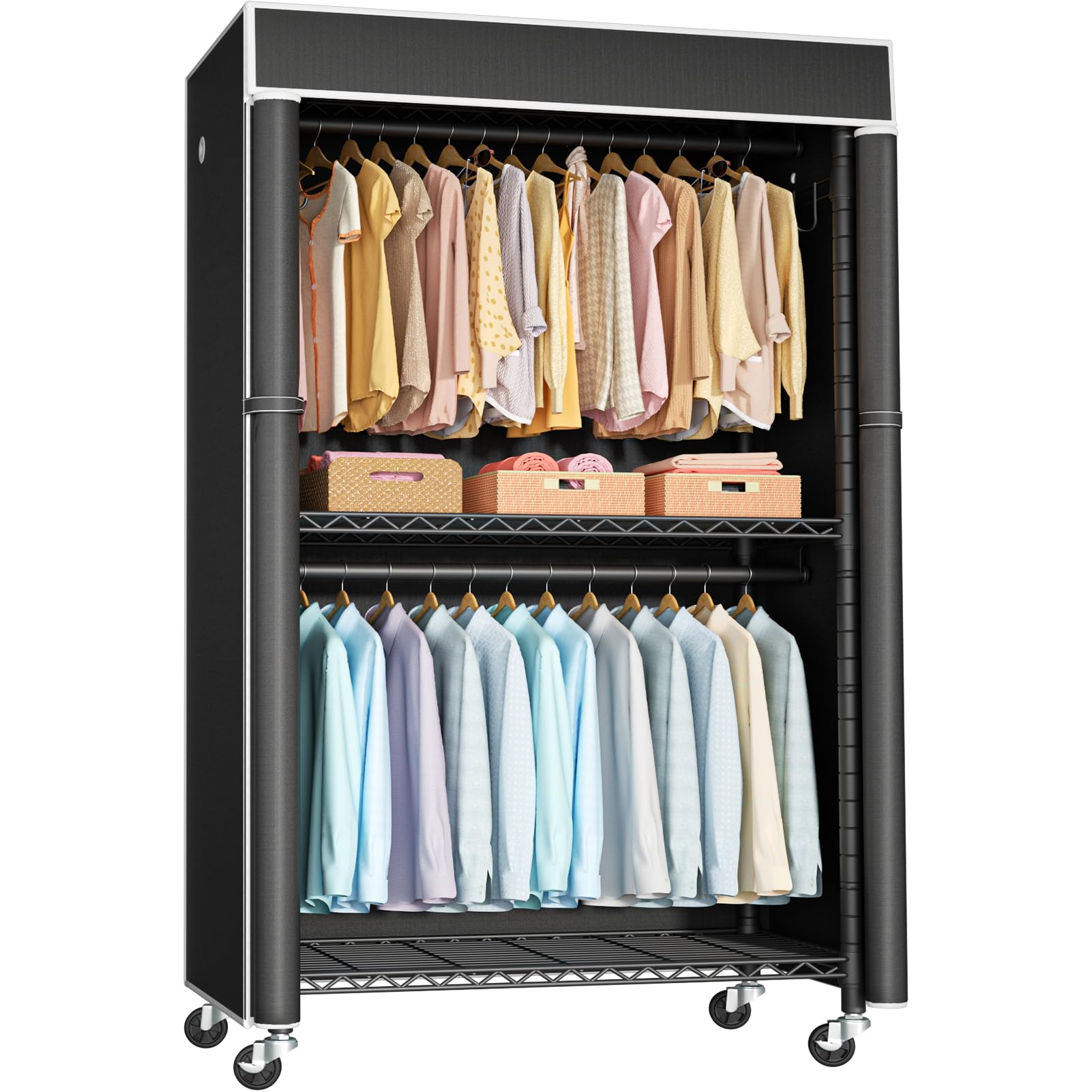 FUTASSI clothing rack with cover front view showing organized hanging space