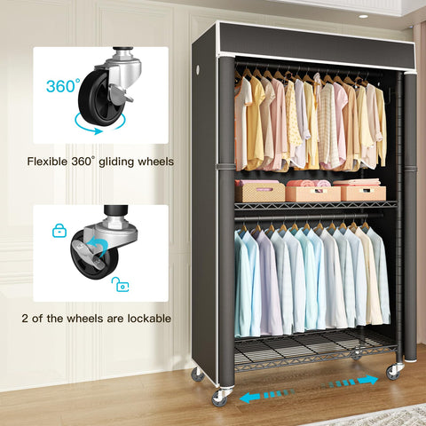 FUTASSI clothing rack with cover side view highlighting spacious shelves