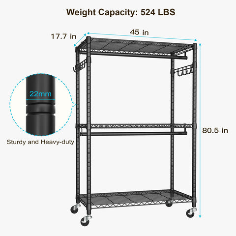 FUTASSI P1 Plus rolling clothes rack shown in a bedroom setup for organization.