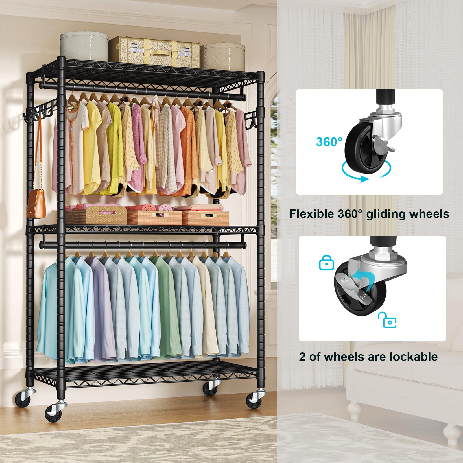 FUTASSI P1 Plus rolling clothes rack double rods provide versatile hanging space.
