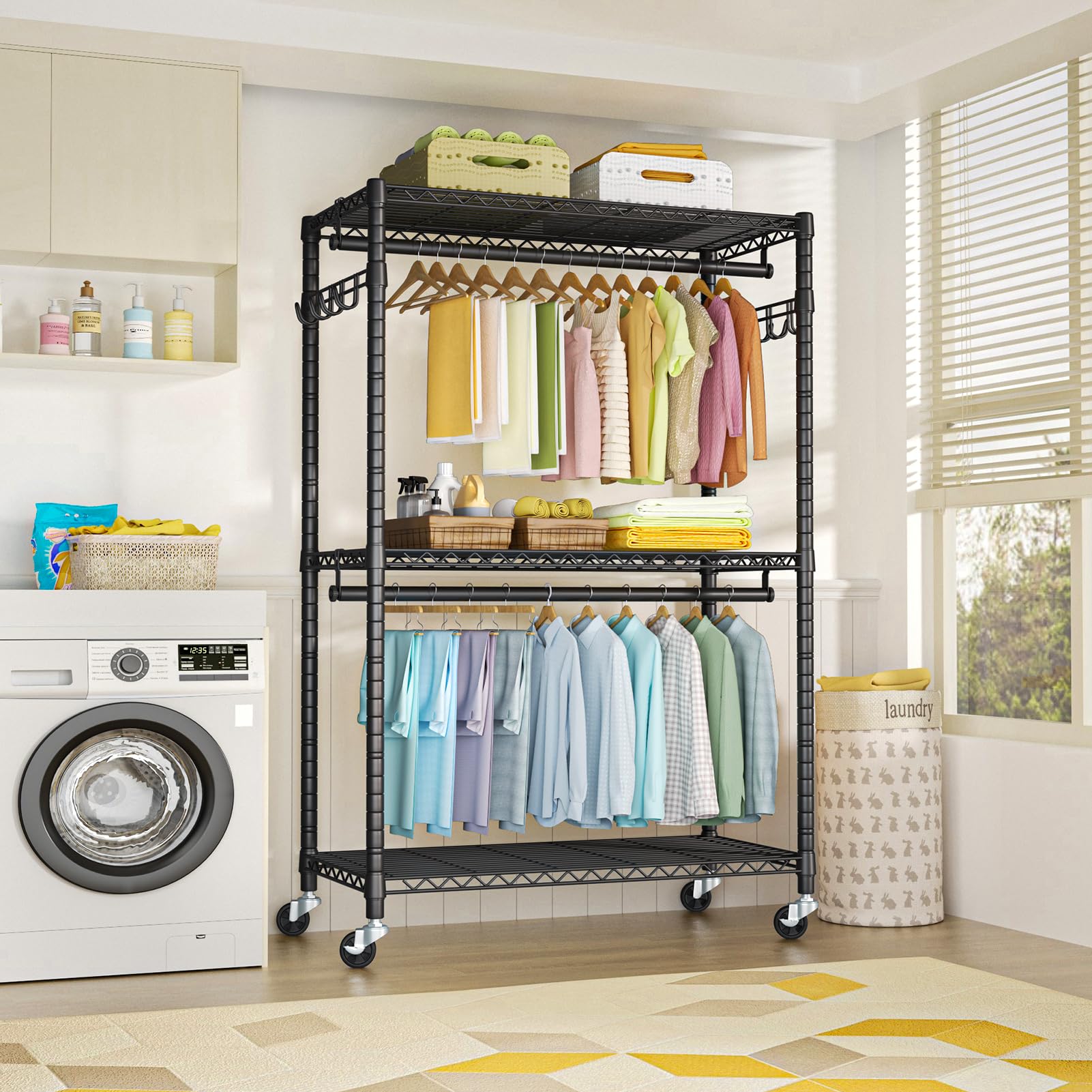 FUTASSI P1 Plus rolling clothes rack lockable casters help secure in place.