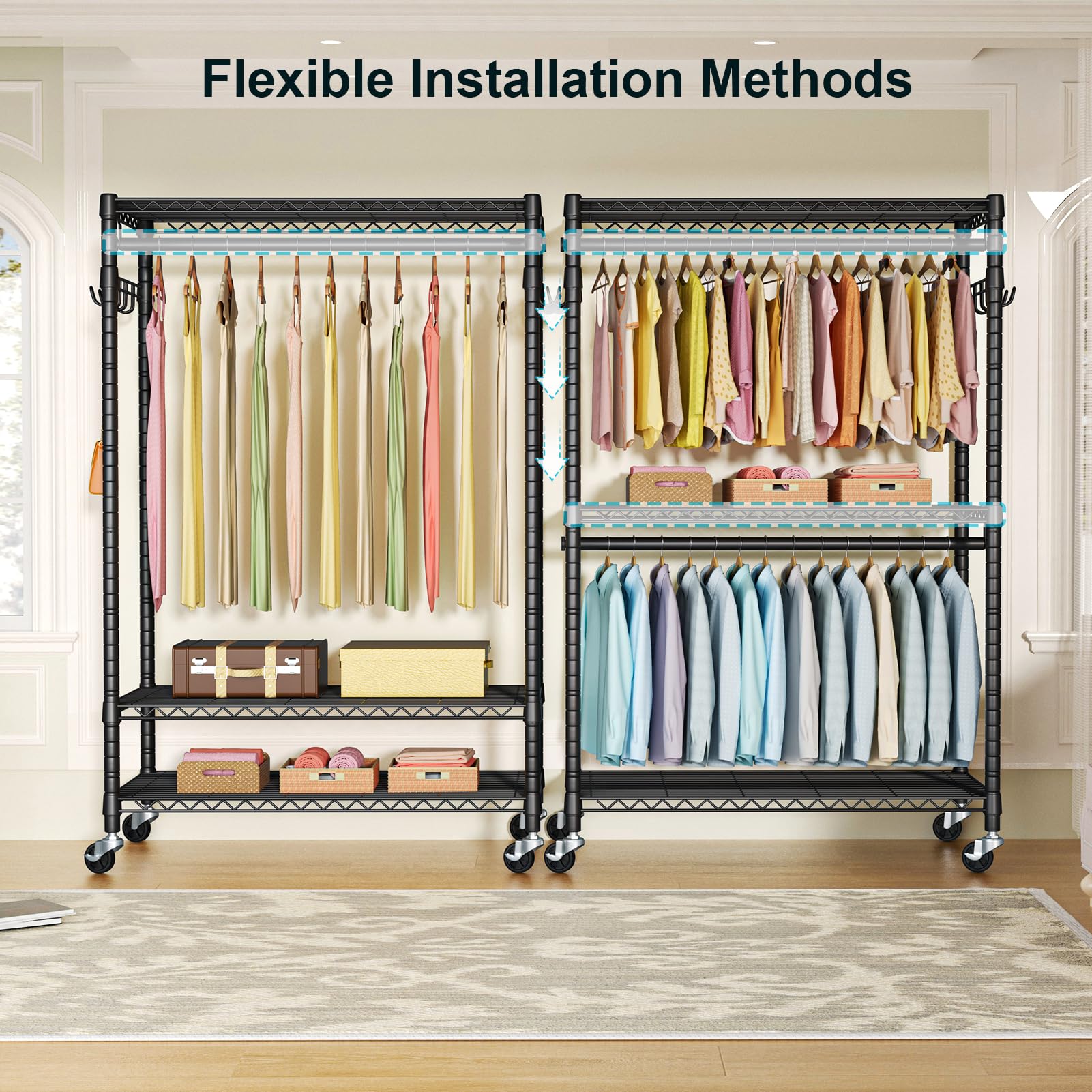 FUTASSI P1 Plus rolling clothes rack wire shelves offer strong support for bulk items.