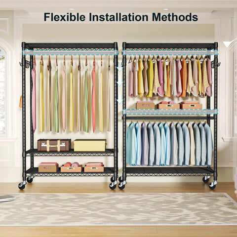 FUTASSI P1 Plus rolling clothes rack wire shelves offer strong support for bulk items.