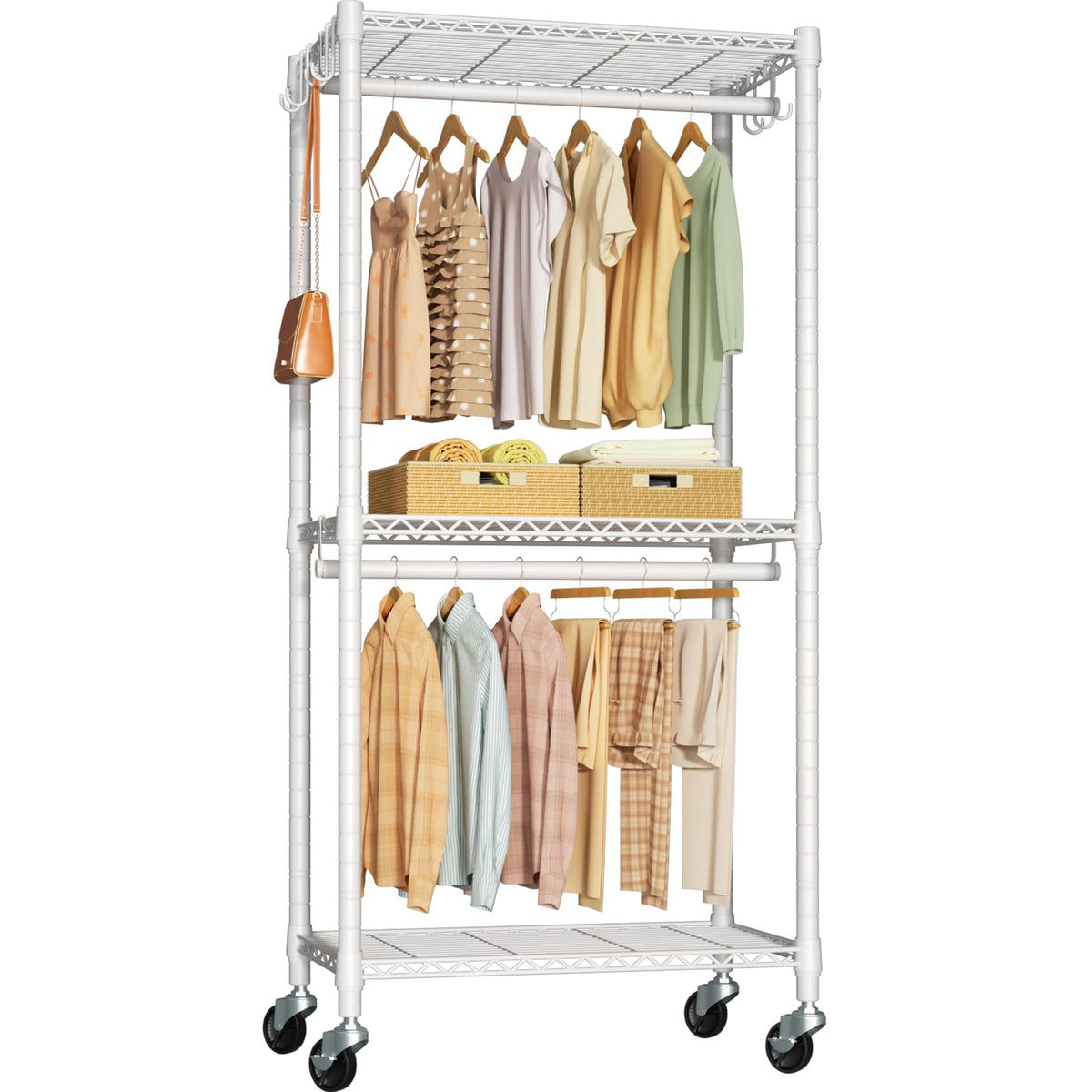 FUTASSI P3 Mini rolling rack front view with lockable wheels for easy mobility.
