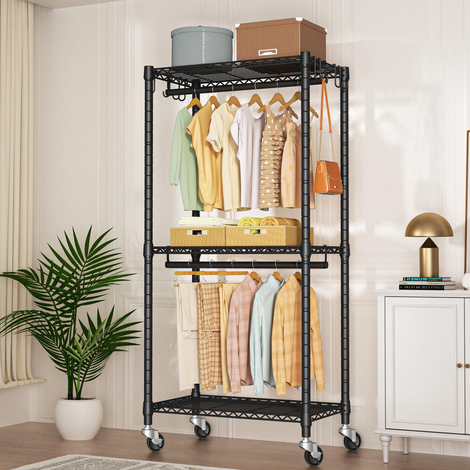 FUTASSI P3 mini rolling rack side view highlighting wheels and stability.