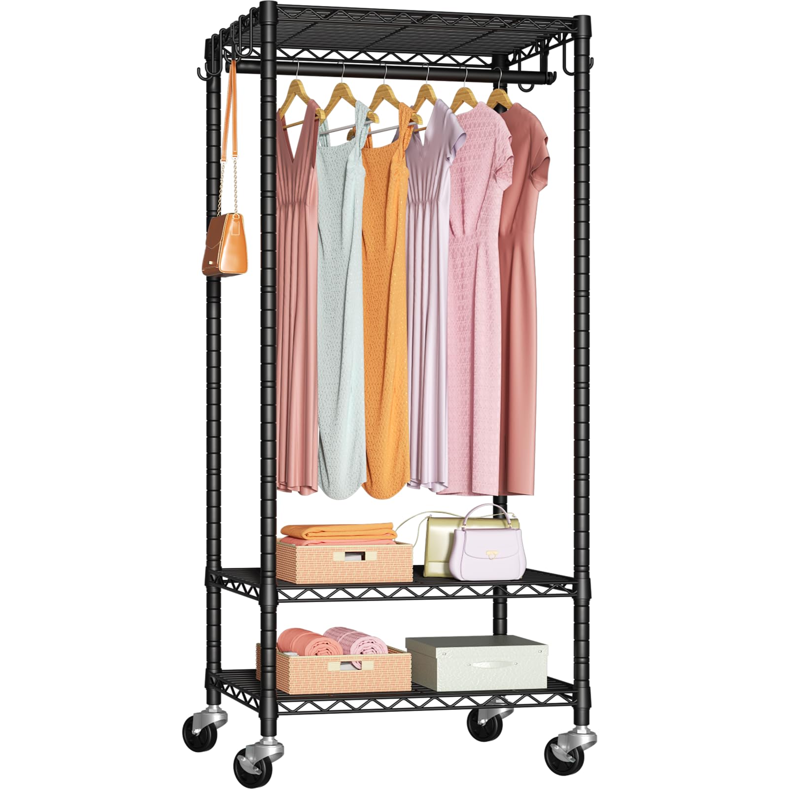 FUTASSI P6 mini rolling clothes rack front view highlighting sturdy frame and wheels