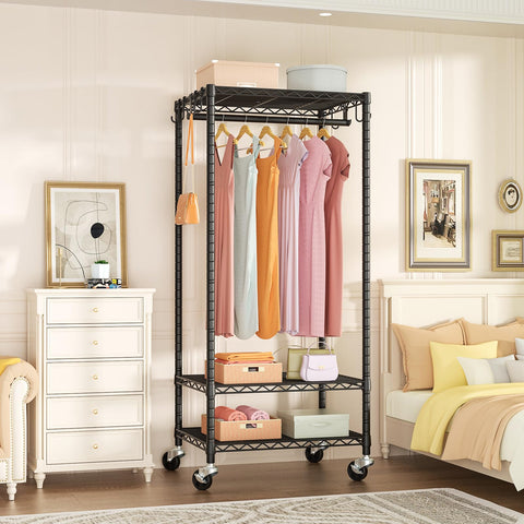 FUTASSI P6 mini rolling clothes rack side view showing adjustable shelves