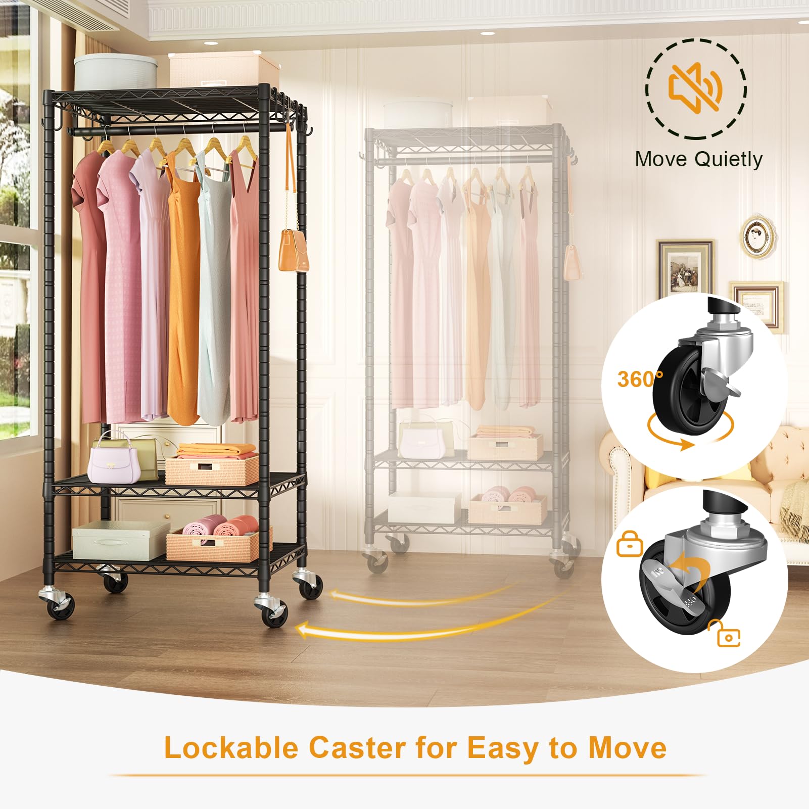 FUTASSI P6 mini rolling clothes rack with wheels in action and lockable brakes