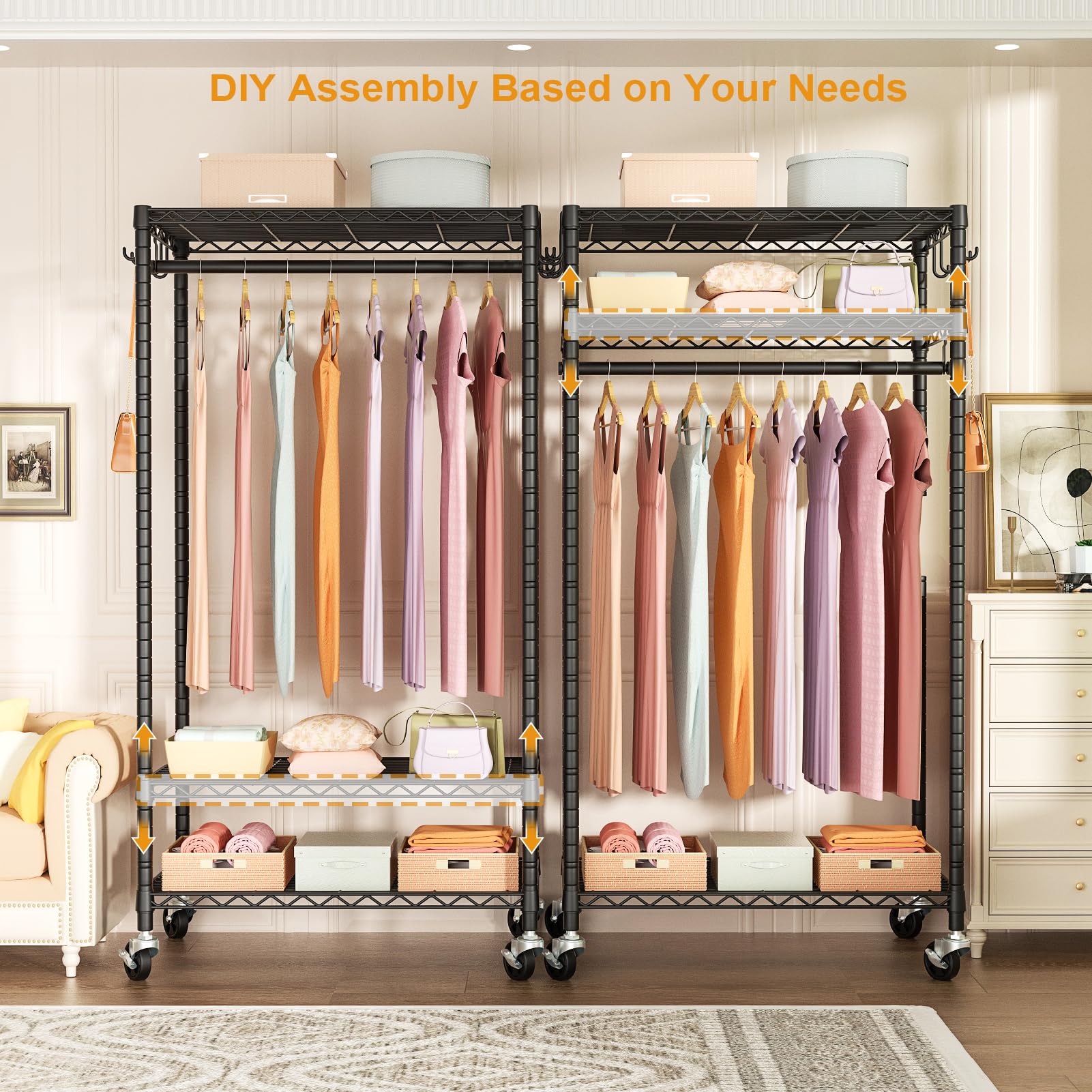 FUTASSI P6 adjustable shelves illustrate flexible storage for dresses, coats, and accessories