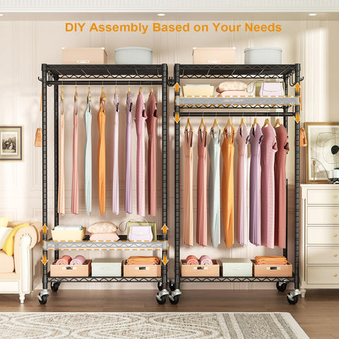 FUTASSI P6 adjustable shelves illustrate flexible storage for dresses, coats, and accessories