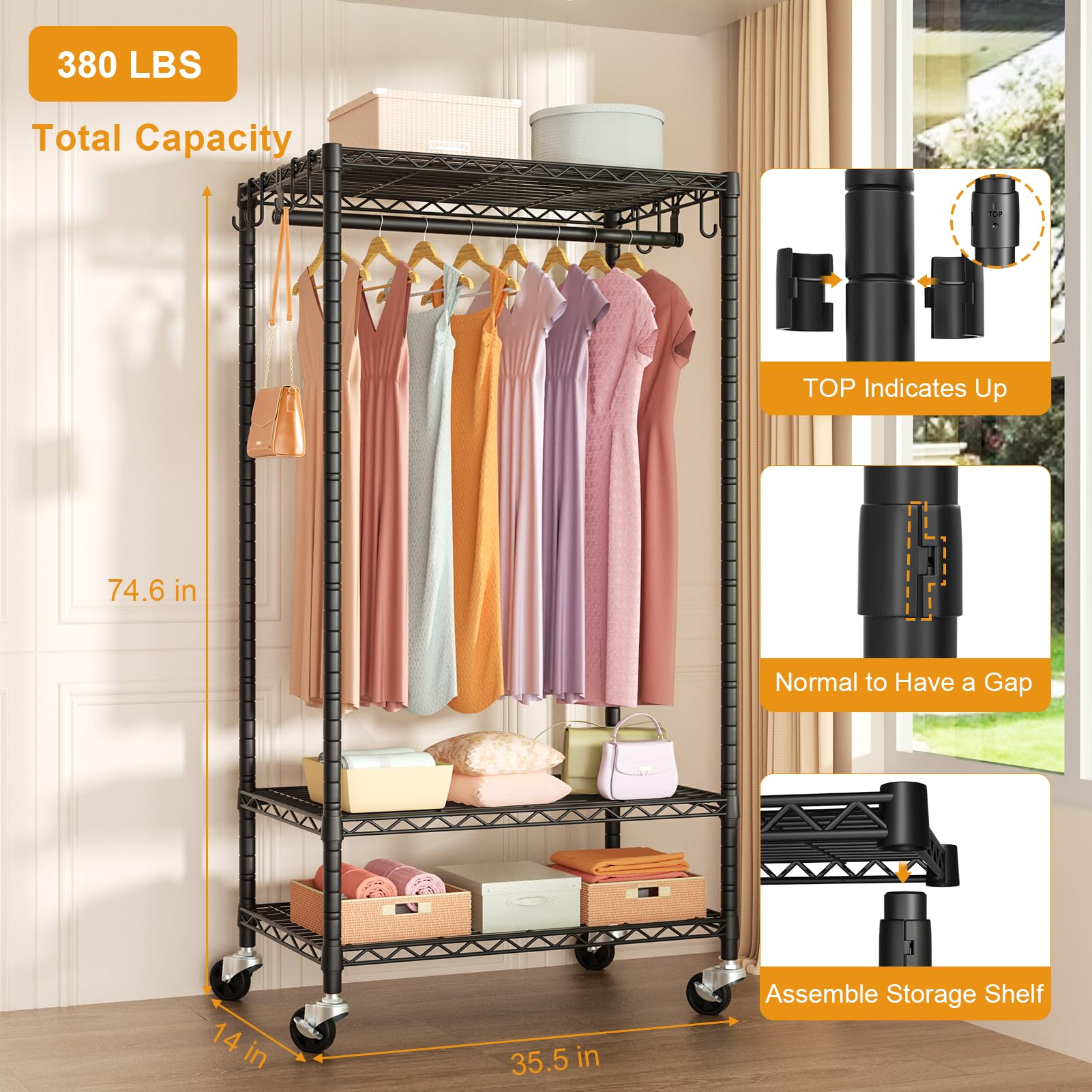 FUTASSI P6 in a bedroom setup shows organized garments using the portable rack