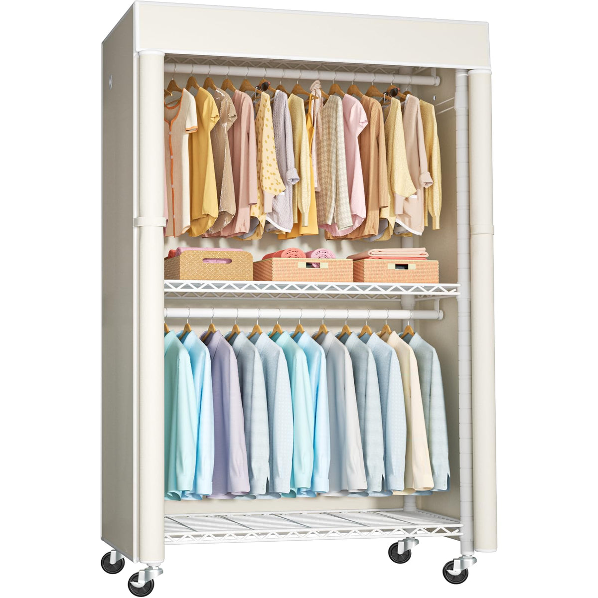 FUTASSI white clothing rack with beige cover, front view shows protected storage