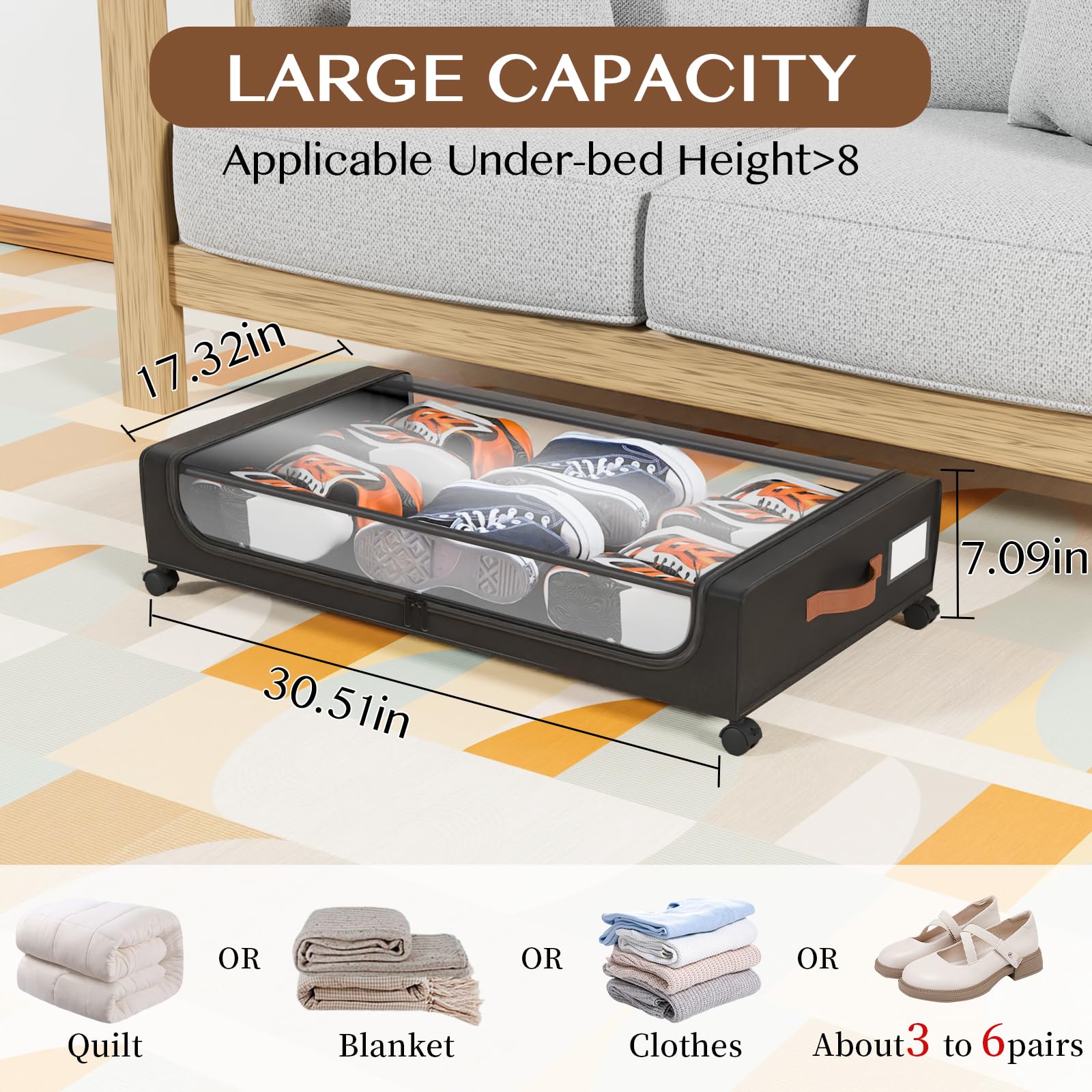 Futego 60l capacity-under-bed-bin offers ample space for clothes, blankets, and shoes.