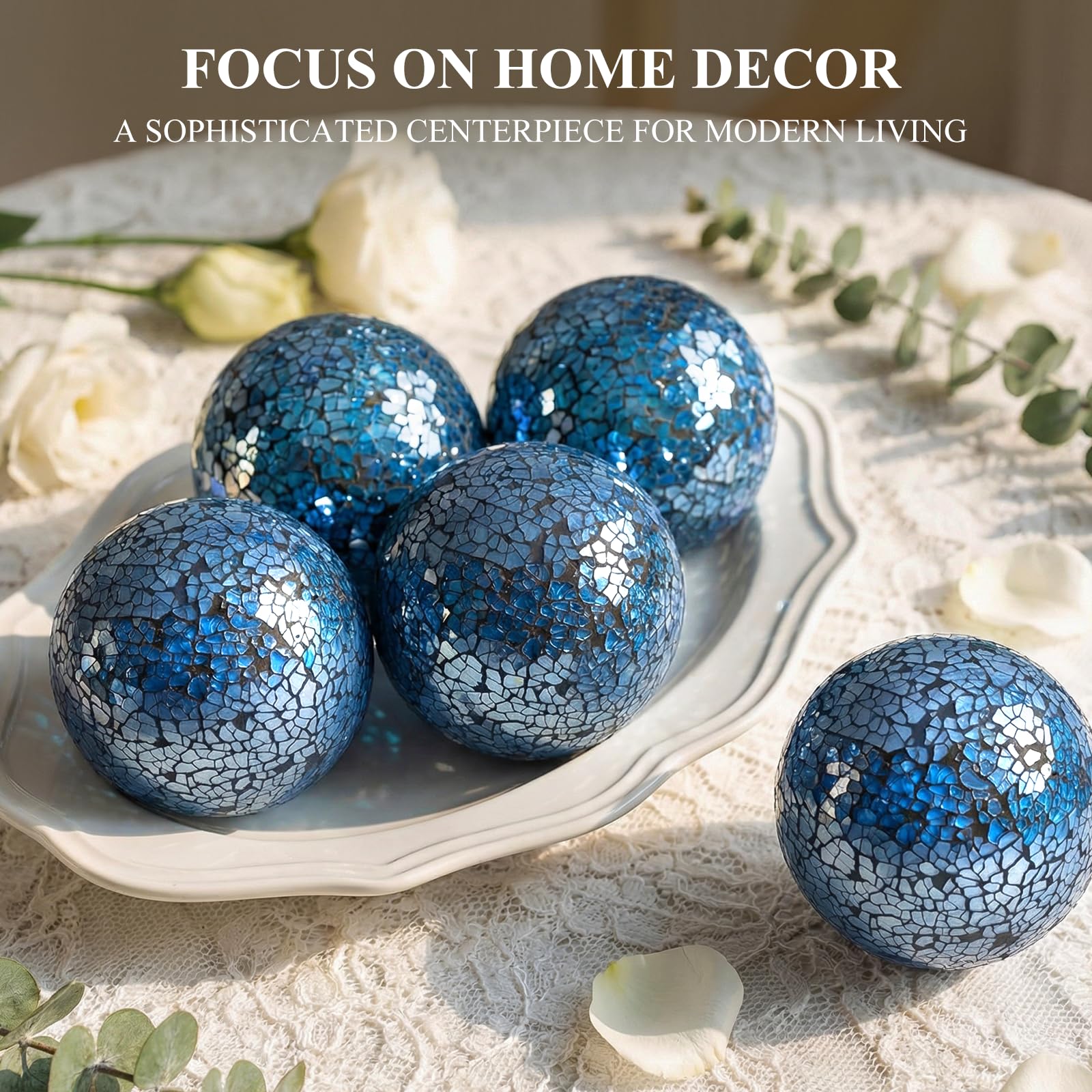 FUTUREPLUSX five-piece blue sphere set arranged in a decorative bowl