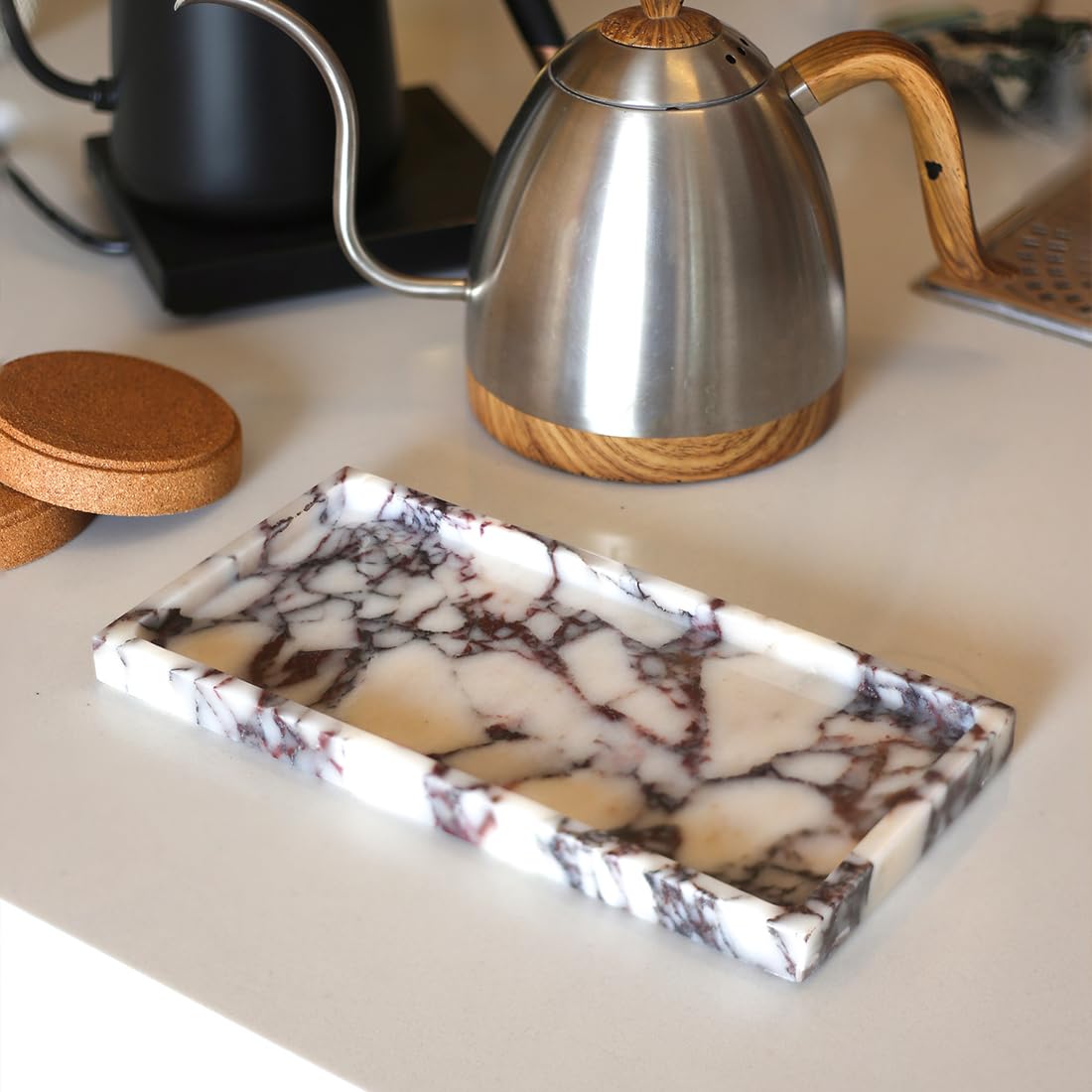 FutureStone Calacatta Viola marble bedroom dresser setup doubles as decorative art.