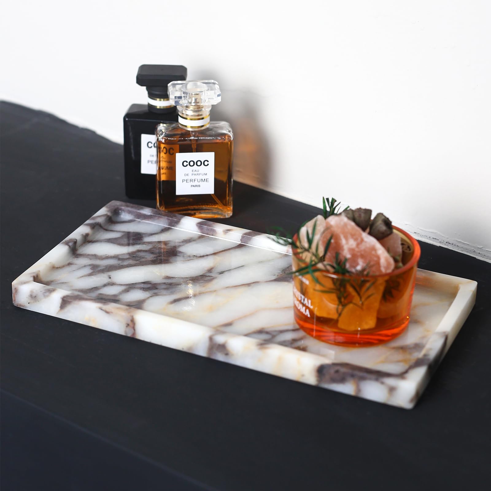 FutureStone Calacatta Viola marble makeup organizer adds timeless elegance to a vanity.